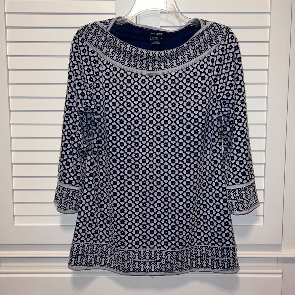 Max Edition Womens Navy Blue White Geometric Floral Boat Neck Knit Top Small